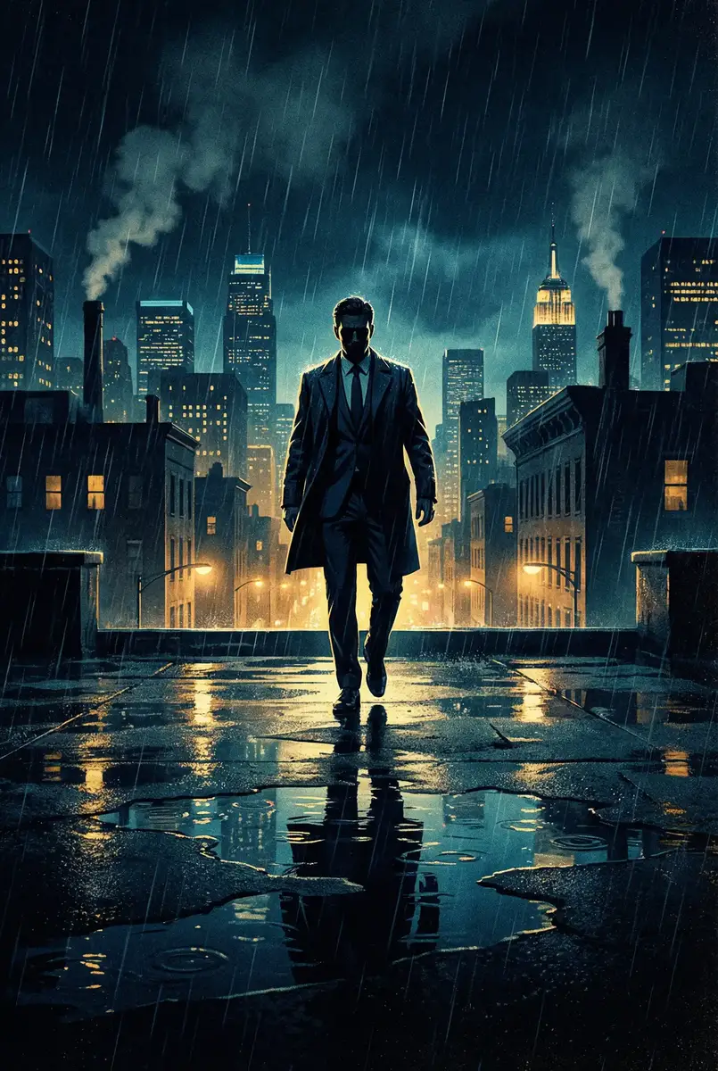 啄木鸟电影在线观看免费完整版 出品影片《雨夜独行者》海报，雨中城市屋顶男性剪影